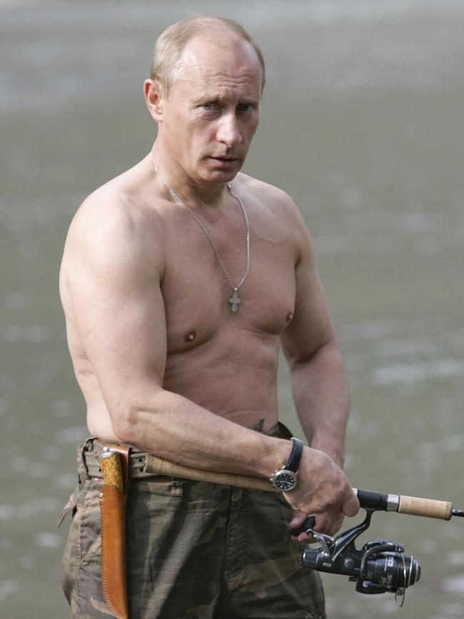 Putin fishes in the headwaters of the Khemchik River in the Tuva region of Siberia in 2007. Picture: AP