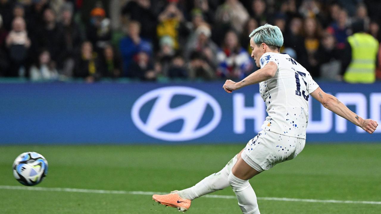 USA's forward Megan Rapinoe shoots and fails to score in the penalty shoot-out. (Photo by WILLIAM WEST / AFP)