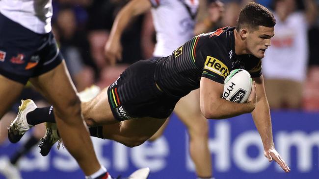 Nathan Cleary scores one of his three tries in the win over the Roosters. Picture: Cameron Spencer/Getty Images