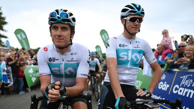 (FILES) In this file photo taken on September 02, 2018 Britain's Chris Froome (R) and Geraint Thomas (L) of Team Sky prior to the start of the first stage of the Tour of Britain cycle race in Pembrey Country Park, south Wales on September 2, 2018. - British media giant Sky on December 12, 2018 said it would axe its sponsorship of cycling giant Team Sky after next season, ending a partnership that has delivered six Tour de France titles in the past seven years. (Photo by Oli SCARFF / AFP)