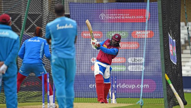 West Indies’ star opener Chris Gayle bats in the nets yesterday. Picture: AFP