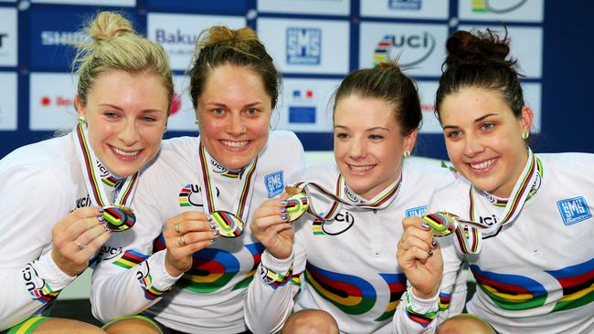 The Australia team of Annette Edmondson, Ashlee Ankudinoff, Amy Cure and Melissa Hoskins celebrate with the gold medals won in the Women's Team Pursuit Final in 2015. (Picture: Alex Livesey/Getty Images