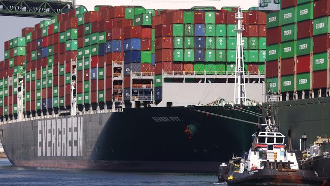 Southern California’s Port of Los Angeles is struggling to keep up with the parade of cargo containers arriving at its terminals. Above, cargo containers stacked on ships at the port, the US’s busiest container port. Picture: Getty Images/AFP