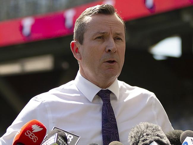 PERTH, AUSTRALIA - SEPTEMBER 23: WA Premier Mark McGowan speaks during a media opportunity ahead of the 2021 AFL Grand Final at Optus Stadium on September 23, 2021 in Perth, Australia. (Photo by Will Russell/Getty Images)