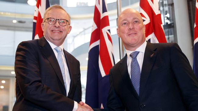 SYDNEY, AUSTRALIA - NewsWire Photos DECEMBER 20, 2023: Prime Minister Anthony Albanese greets the New Zealand Prime Minister Christopher Luxon at the Commonwealth Parliament offices during his visit to Australia on Wednesday. Picture: NCA NewsWire / Nikki Short