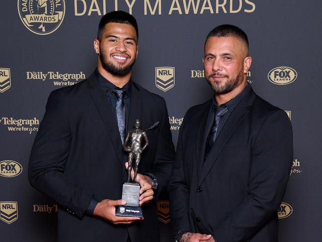 Payne Haas with his father Gregor. Photograph: NRL Photos/Gregg Porteous