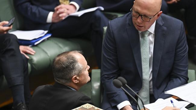 Ted O’Brien and Peter Dutton during Question Time at Parliament House in Canberra. Picture: Martin Ollman