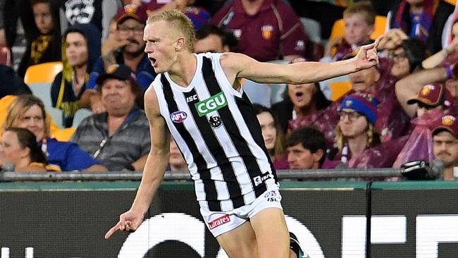 Jaidyn Stephenson celebrates the matchwinning goal. Picture: AAP