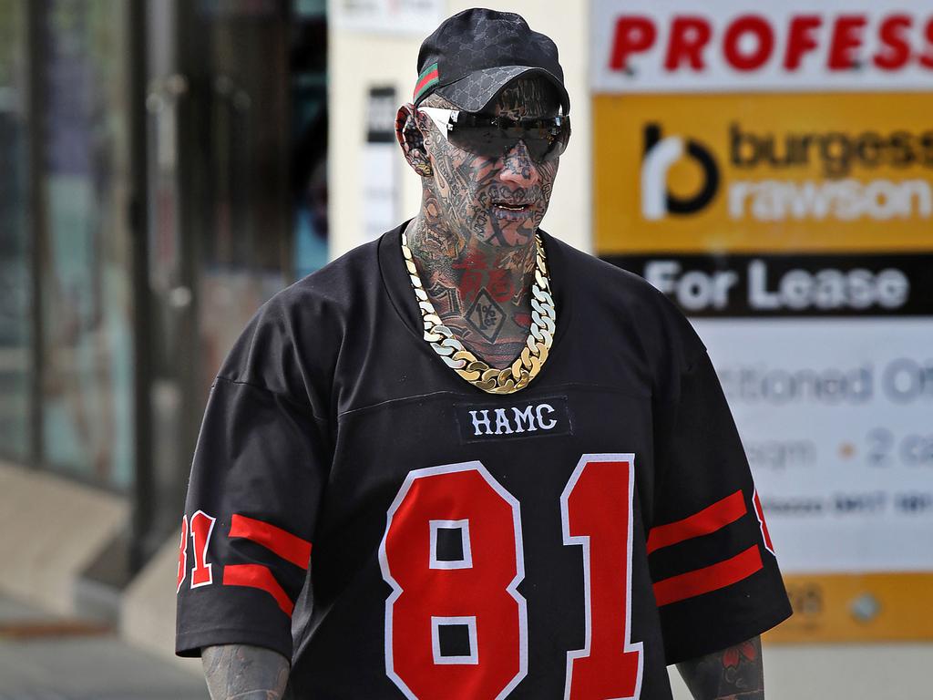 Hells Angels bikie member Dayne Brajkovich outside Perth Magistrates Court on Tuesday. Picture: NCA NewsWire/Philip Gostelow.