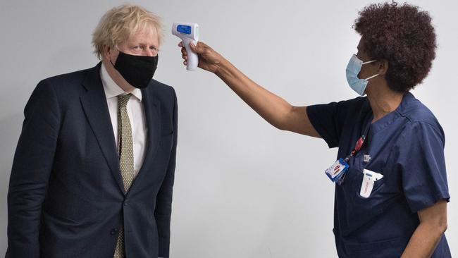 British Prime Minister Boris Johnson has his temperature checked at Chase Farm Hospital in London. Picture: Getty Images