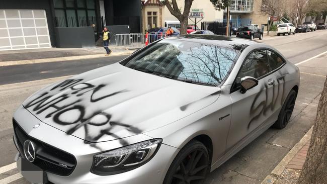 The defaced Mercedes S63 AMG coupe on King William St in Kent Town, in Adelaide, on Friday, August 10, 2018. Pictures: Supplied