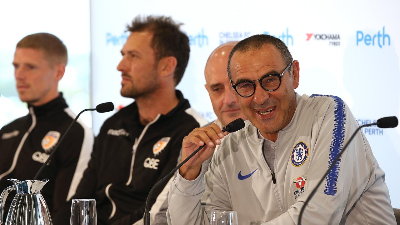 Maurizio Sarri, head coach of Chelsea talks to the media during a Chelsea FC press conference at Optus Stadium
