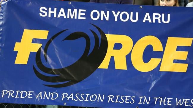 PERTH, AUSTRALIA - SEPTEMBER 09: Force supporters hold a banner during The Rugby Championship match between the Australian Wallabies and the South Africa Springboks at nib Stadium on September 9, 2017 in Perth, Australia.  (Photo by Cameron Spencer/Getty Images)