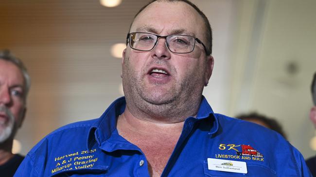 CANBERRA, Australia - NewsWire Photos - July 2, 2024: Ben Sutherland from the Keep the Sheep campaign hold a press conference at Parliament House in Canberra following the passing of the live sheep ban bill in the Senate.. Picture: NewsWire / Martin Ollman