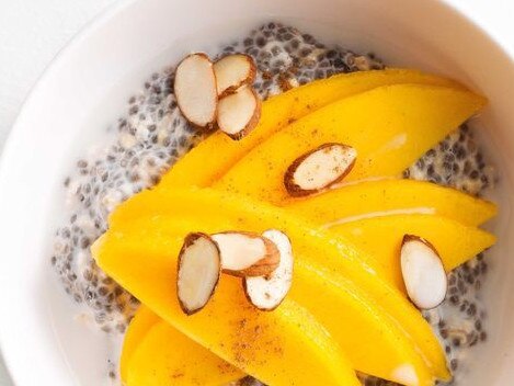 Chia, almond and mango breakfast bowl.