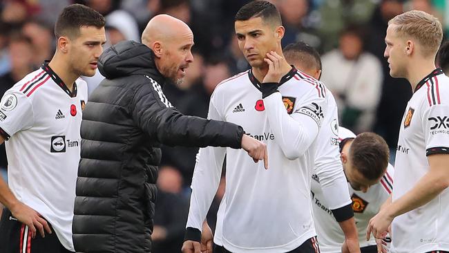 The five-time Ballon d’Or winner took a dig at Manchester United's manager Erik ten Hag (2nd left). Picture: Geoff Caddick / AFP