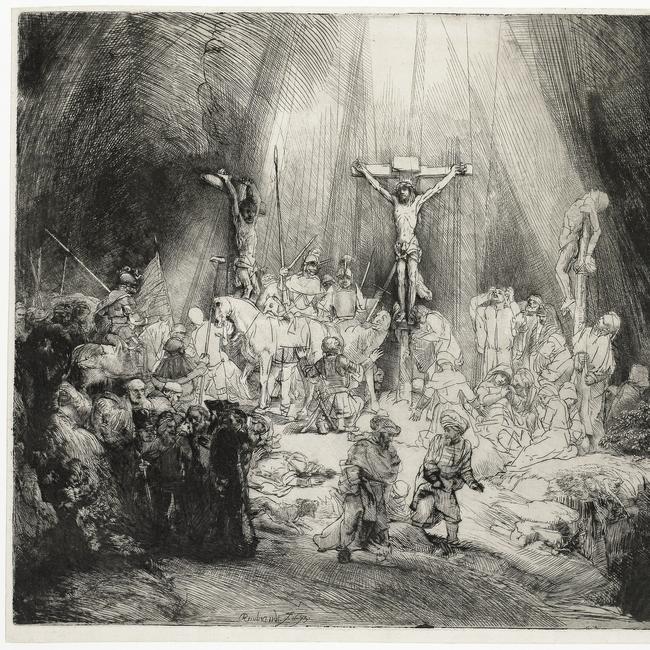 Rembrandt Harmensz. van Rijn Christ crucified between the two thieves: (The Three Crosses) c. 1653–55 drypoint, burin and plate-tone, 4th of 5 states 38.6 × 45.3 cm (sheet, trimmed to platemark) Rijksmuseum, Amsterdam Photo: Rijksmuseum