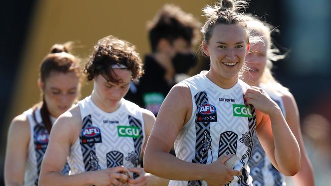 Pie Sophie Alexander is all smiles in the club’s Indigenous guernsey. Picture: AFL Photos/Getty Images