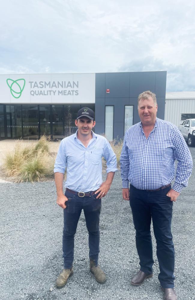 Jake Oliver of Tasmanian Quality Meats with independent Member for Lyons, John Tucker at Tasmanian Quality Meats at Cressy. Picture: supplied