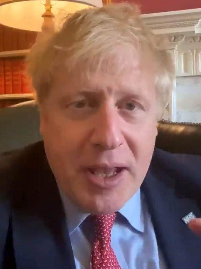 A still image from footage released of Britain's Prime Minister Boris Johnson announcing that he has tested positive for coronavirus in March, 2020. Since the PM was admitted to ICU the probability of ICU patients dying of COVID-19 has pretty much halved. Picture: AFP