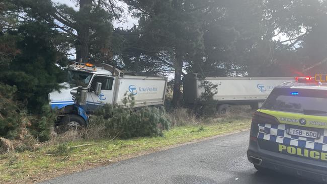 A truck driver was killed in Moriac, near Geelong, on Saturday after he hit a cow and then veered into a tree. Photo: Alan Barber.