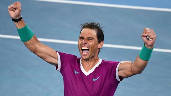 Spain's Rafael Nadal reacts after winning against Russia's Daniil Medvedev during their men's singles final match.