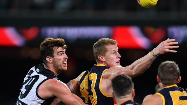 Scott Lycett and Reilly O'Brien contest the ruck. Picture: AAP Image/David Mariuz