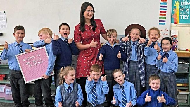 Kimberley Collett and her year 2 class at Mater Dei Primary School in Toowoomba. Picture: Contributed