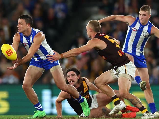 Luke Davies-Uniacke under pressure from James Worpel while Tom Powell and Jai Newcombe look on. LDU is one player St Kilda could target at the trade table. Picture: Quinn Rooney/Getty Images)