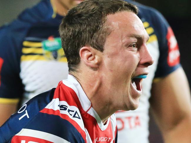 James Maloney celebrates a try during the Sydney Roosters v North Queensland Cowboys Semi-Final game at Allianz Stadium. pic Mark Evans