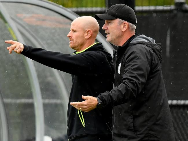 Melbourne Knights head coach Ben Surey gives instructions during the NPL Vic Men round 8 match between Manningham United and Melbourne Knights at Pettys Reserve, on April 06,2024, in Melbourne, Australia. (Photo by Josh Chadwick)