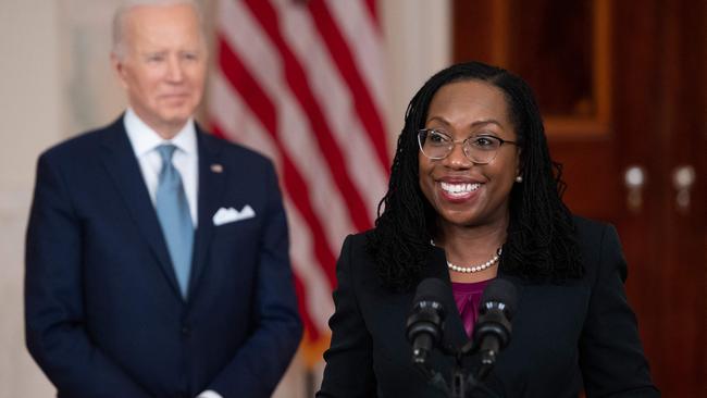 Judge Ketanji Brown Jackson, with President Joe Biden, speaks after she was nominated for Associate Justice of the US Supreme Court, in the Cross Hall of the White House in Washington, DC.