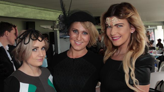Cassie Bimrose, Cassandra Saville and Alisha Thompson at Corbould Park for Ladies Oaks Day. Photo Darryn Smith / Sunshine Coast Daily