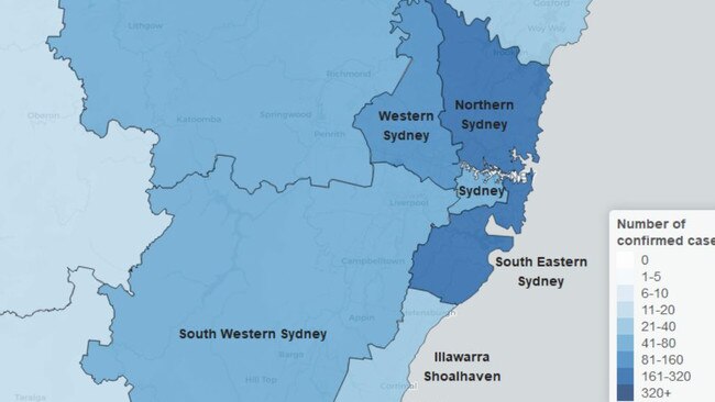 Confirmed cases of COVID-19 across Sydney Metropolitan region as of 25 March 2020 at 8pm, by local health district (LHD). Source: NSW Health