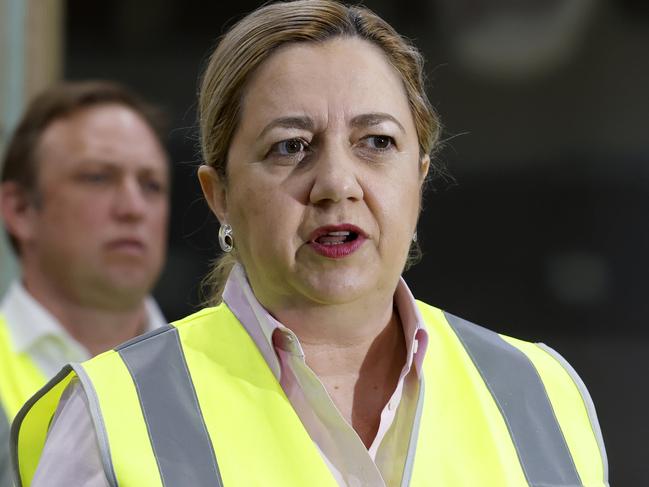 BRISBANE AUSTRALIA - NewsWire Photos MARCH 27, 2023: Premier Annastacia Palaszczuk holds a press conference at Q Build where prefabricated homes are under construction as the housing crisis continues. NewsWire / Sarah Marshall