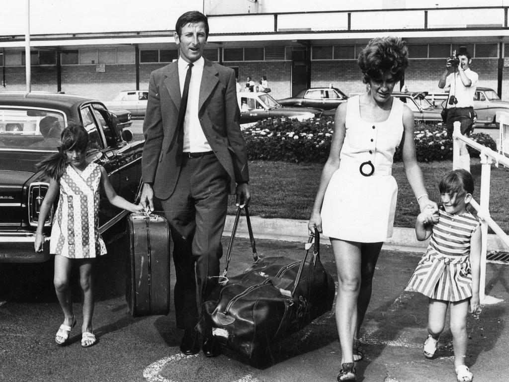 Bill Lawry arrives back in Melbourne, with wife Joy and daughters Elizabeth, 7, and Susan, 4, at Essendon Airport in 1971.