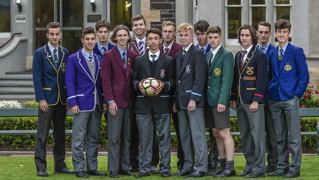 Messenger Soccer League college captains and players. Back row: (left to right) Alex Tsavalas (Immanuel), Caden Yates (Sacred Heart), Blake Favretto (Prince Alfred), Cooper Nunn (Gleeson), Peter Unerkov (St Peter’s), Lachlan McRostie (Pembroke). Front row: Matthew Di Matteo (CBC) Jordan Steer (Cardijn) Luis Lawrie-Lattanzio (Blackfriars), Jai King (Blackfriars), Massimo Falco (Mercedes), Harry Anderson (Scotch), Dragan Kljajic (Pembroke). Picture: AAP/Roy Van Der Vegt