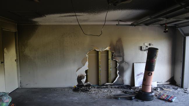 Damage to a garage and house from a disregarded vape. Picture: Queensland Fire Department