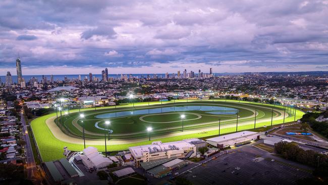 The Gold Coast Turf Club pictured following the installation of lights that will enable it to host night meetings. Picture: Supplied.