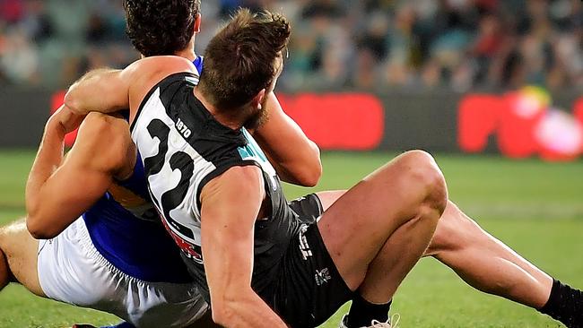 Charlie Dixon breaking his leg and dislocating ankle at Adelaide Oval Picture: Daniel Kalisz/Getty Images)