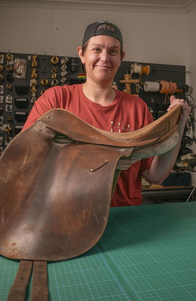 Kirby Gibson of Hope & Jane Leather Co at her studio in North Hobart. Picture: Caroline Tan