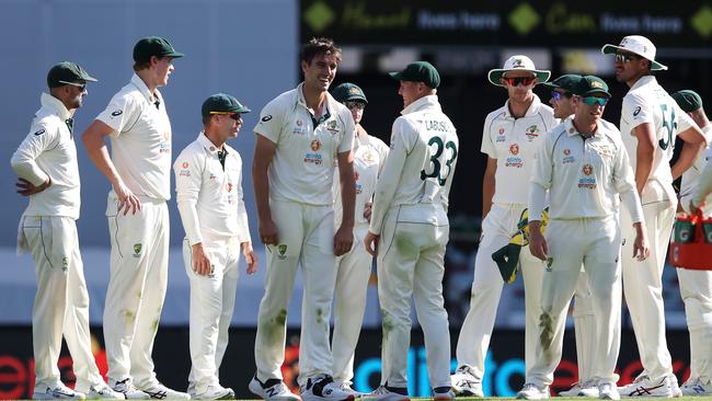 Pat Cummins celebrates the wicket of Shardul Thakur – but has the Aussie aura disappeared? Picture: Getty