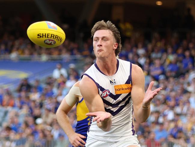 Fremantle’s Jye Amiss marks the footy during the derby win against the Eagles. Picture: AFL Photos via Getty Images