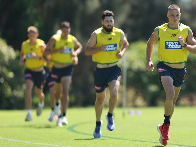 Jacob Wehr leads the Giants in a running drill. Picture: Mark Metcalfe