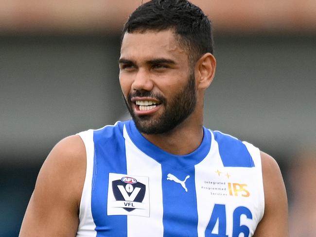 MELBOURNE, AUSTRALIA - MARCH 18: Tarryn Thomas of the Kangaroos watches on during the VFL Practice Match between North Melbourne and Williamstown at Arden Street Ground on March 18, 2023 in Melbourne, Australia. (Photo by Morgan Hancock/Getty Images)