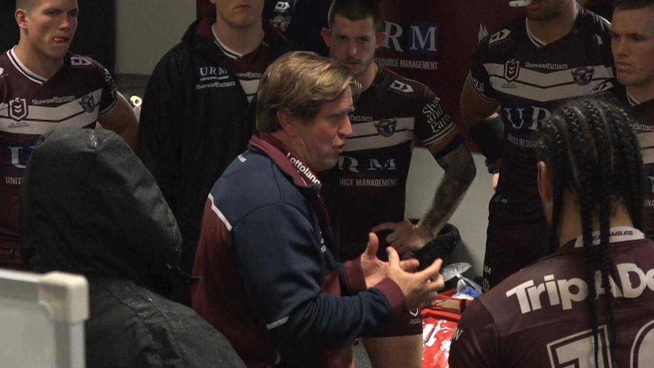 Des Hasler tried to fire his team up at the break.