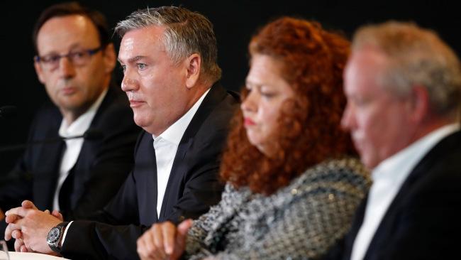 Collingwood CEO Mark Anderson, President Eddie McGuire, Collingwood Integrity Committee members Jodie Sizer and Peter Murphy speak to the media.