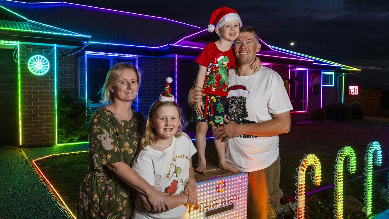 The Christmas lights display of John and Nicole Scarborough and their kids Kaitlyn and Archie in Kearneys Spring, Sunday, December 12, 2021. Picture: Kevin Farmer