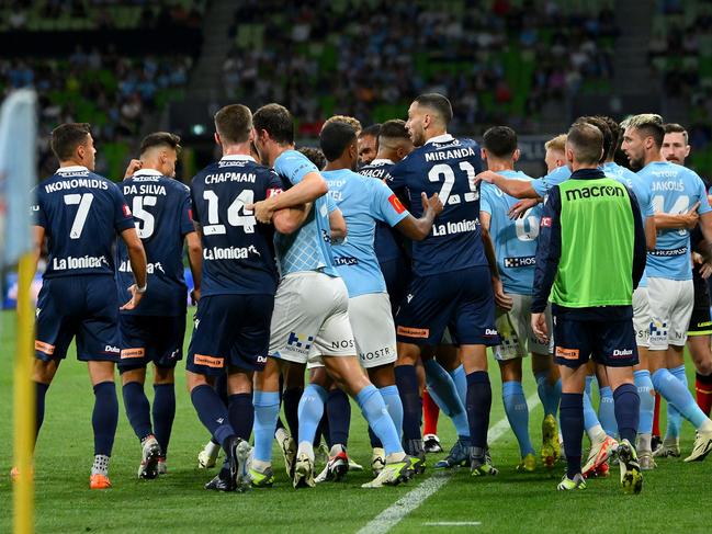 MELBOURNE, AUSTRALIA - FEBRUARY 17: A scuffle between players during the A-League Men round 17 match between Melbourne City and Melbourne Victory at AAMI Park, on February 17, 2024, in Melbourne, Australia. (Photo by Morgan Hancock/Getty Images)