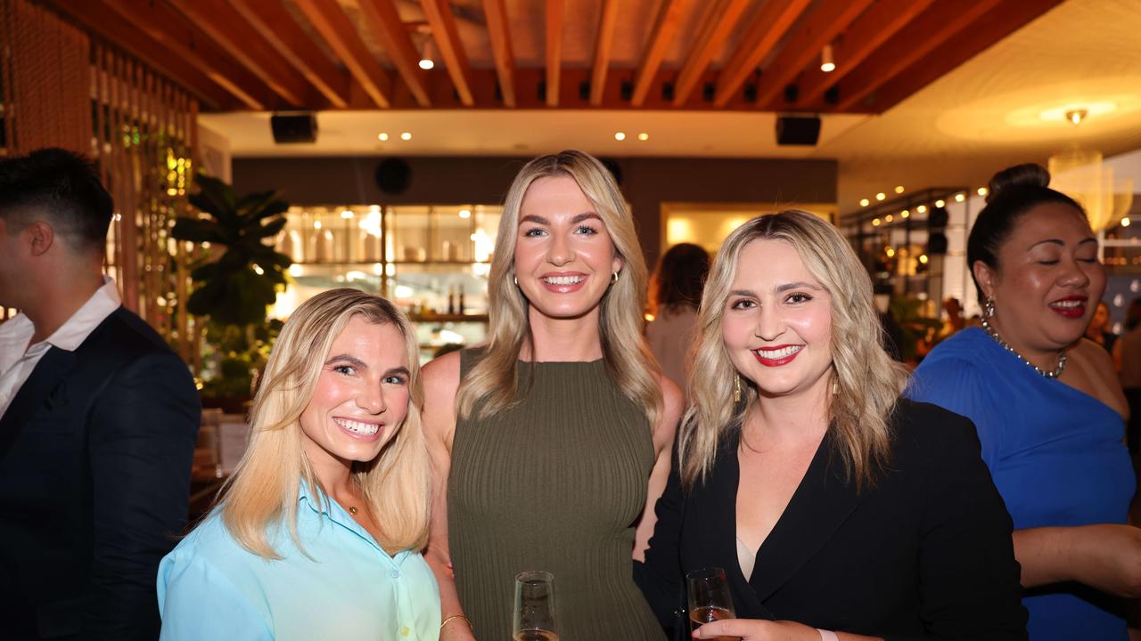 Gracie Richter, Yasmin Bonnell and Makenna Bailey at the Gold Coast Titans Season Launch 2024 at The Star Gold Coast Garden Bar for Gold Coast at Large. Picture: Portia Large